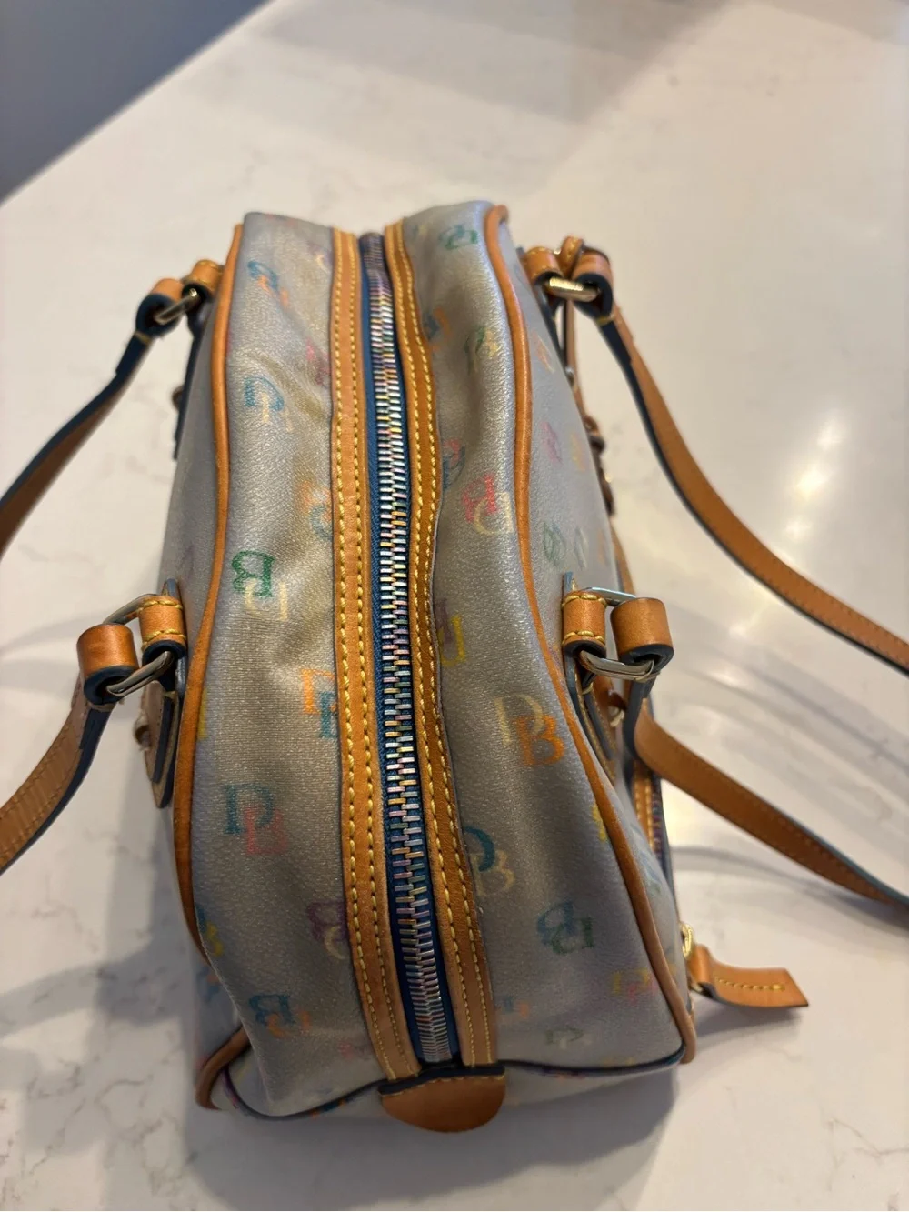 Vintage Y2K “IT” Bag-Dooney & Bourke Multicolor Logo Dome Satchel in Tan Trim